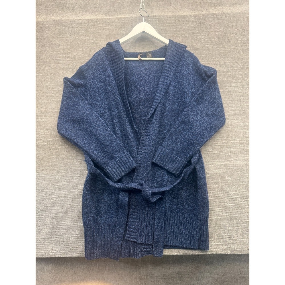 Tomfoolery Cardigan Sweater Womens Sweater Large Navy Blue Knit Tie Waist Hooded